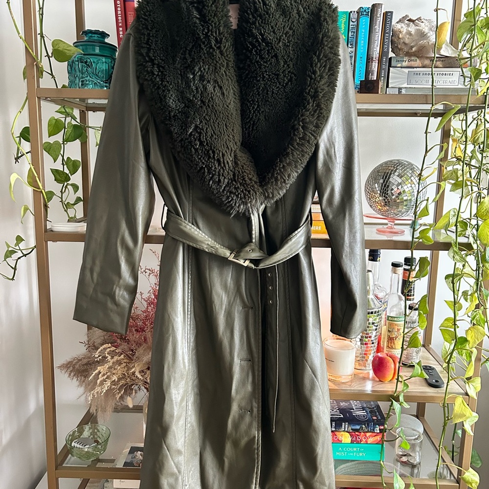 Hutch Liv Dark Olive Belted Faux Leather Trench Coat